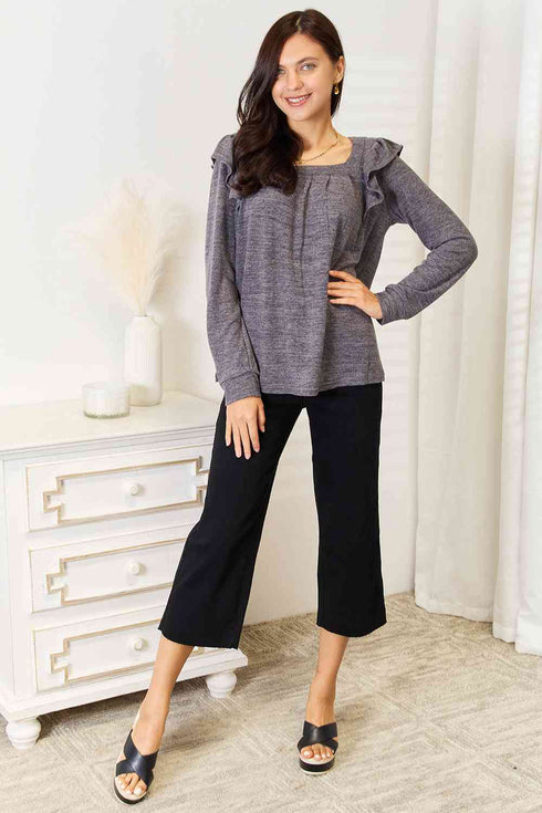 Double Take Square Neck Ruffle Shoulder Long Sleeve T-Shirt - LISA MARIE BOUTIQUE