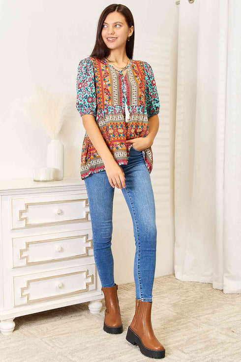 Double Take Bohemian Tassel Tie Puff Sleeve Babydoll Blouse - LISA MARIE BOUTIQUE
