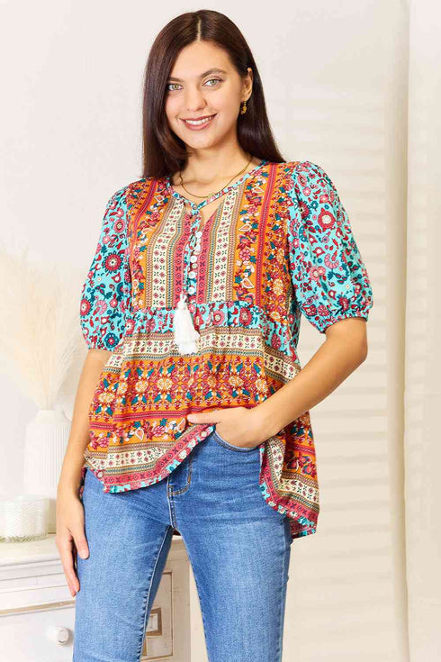Double Take Bohemian Tassel Tie Puff Sleeve Babydoll Blouse - LISA MARIE BOUTIQUE