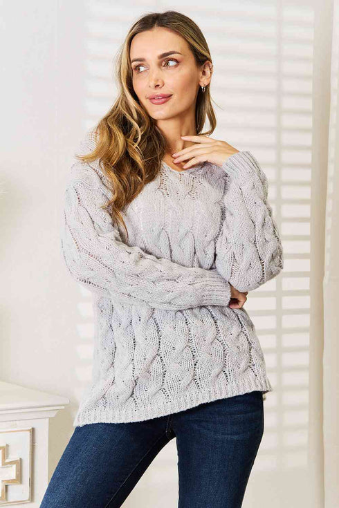 Woven Right Cable-Knit Hooded Sweater - LISA MARIE BOUTIQUE