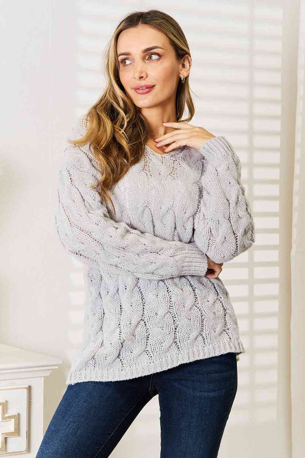 Woven Right Cable-Knit Hooded Sweater - LISA MARIE BOUTIQUE