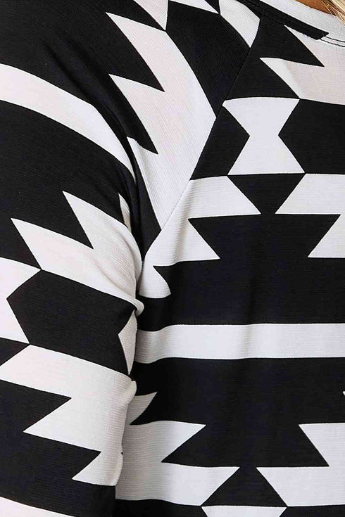 Heimish Geometric Notched Neck Long Sleeve Top - LISA MARIE BOUTIQUE