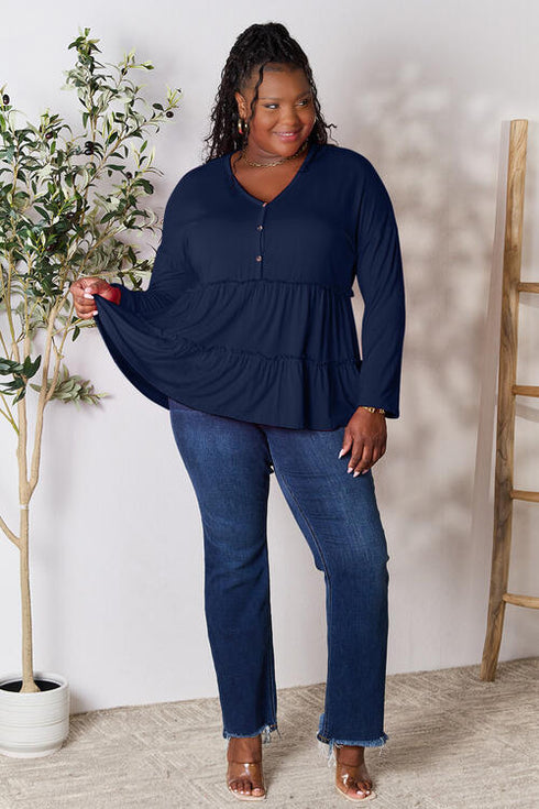 Half Button Long Sleeve Ruffle Hem Blouse - LISA MARIE BOUTIQUE