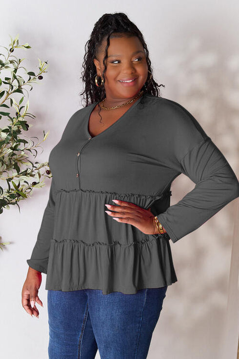 Half Button Long Sleeve Ruffle Hem Blouse - LISA MARIE BOUTIQUE