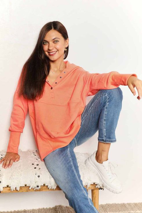 Double Take Quarter-Snap Dropped Shoulder Hoodie - LISA MARIE BOUTIQUE