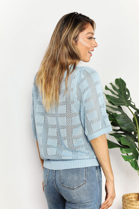 Double Take Ribbed Trim Round Neck Knit Top - LISA MARIE BOUTIQUE