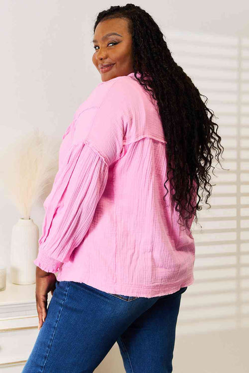 Double Take Exposed Seam Buttoned Notched Neck Blouse - LISA MARIE BOUTIQUE