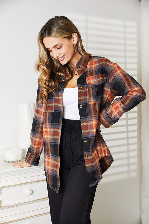 Double Take Plaid Dropped Shoulder Shirt - LISA MARIE BOUTIQUE