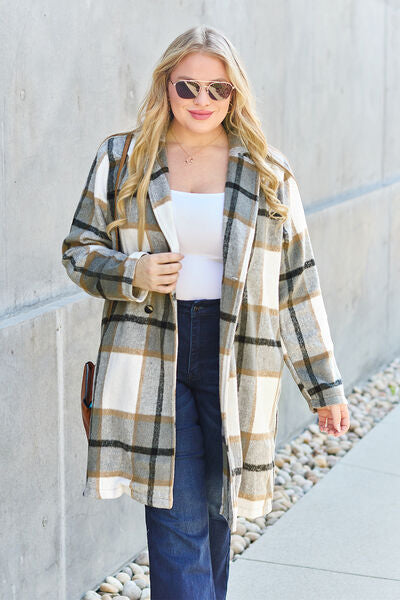 Plaid Button Up Lapel Collar Coat - LISA MARIE BOUTIQUE
