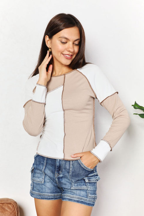 Double Take Color Block Exposed Seam Top - LISA MARIE BOUTIQUE
