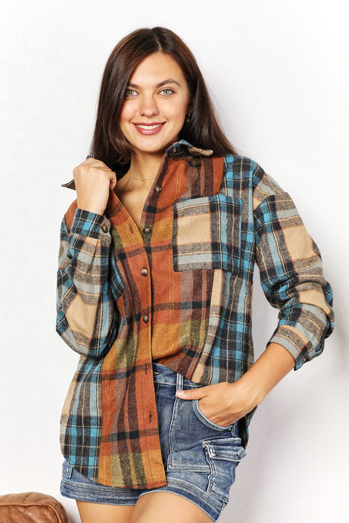 Double Take Plaid Curved Hem Shirt Jacket with Breast Pockets - LISA MARIE BOUTIQUE