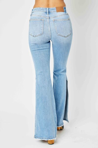Judy Blue Full Size Mid Rise Raw Hem Slit Flare Jeans - LISA MARIE BOUTIQUE