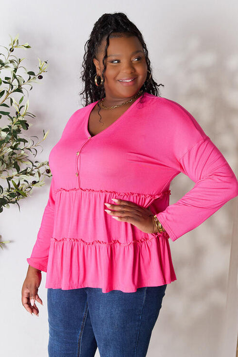 Half Button Long Sleeve Ruffle Hem Blouse - LISA MARIE BOUTIQUE