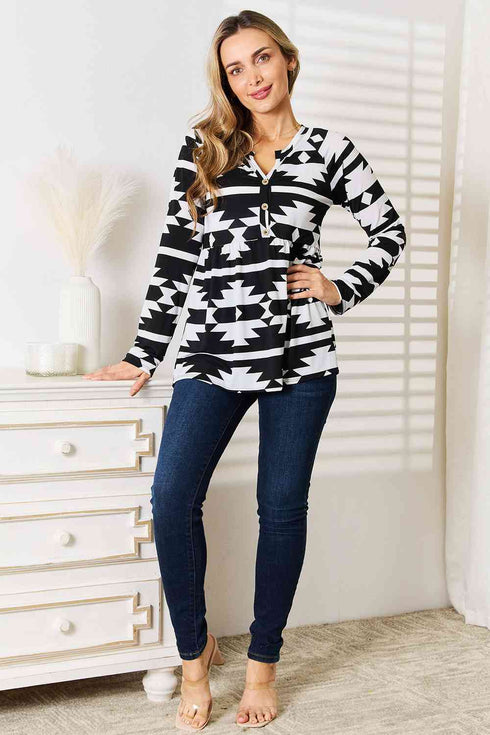 Heimish Geometric Notched Neck Long Sleeve Top - LISA MARIE BOUTIQUE