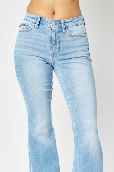 Judy Blue Full Size Mid Rise Raw Hem Slit Flare Jeans - LISA MARIE BOUTIQUE
