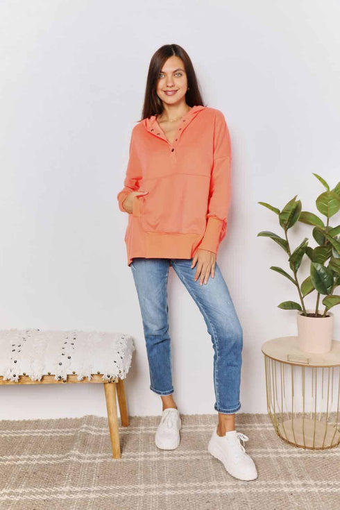 Double Take Quarter-Snap Dropped Shoulder Hoodie - LISA MARIE BOUTIQUE