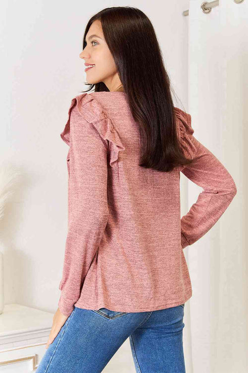 Double Take Square Neck Ruffle Shoulder Long Sleeve T-Shirt - LISA MARIE BOUTIQUE