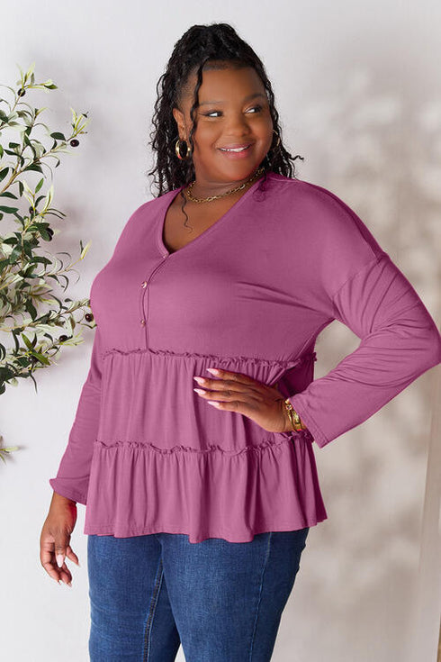 Half Button Long Sleeve Ruffle Hem Blouse - LISA MARIE BOUTIQUE