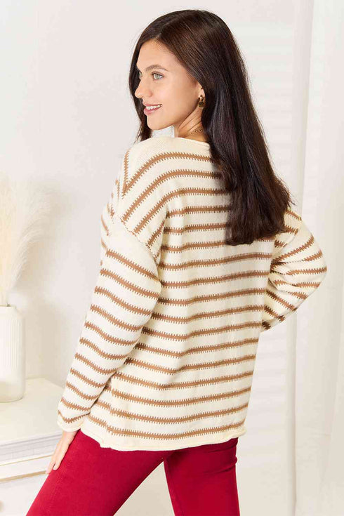 Double Take Striped Boat Neck Sweater - LISA MARIE BOUTIQUE