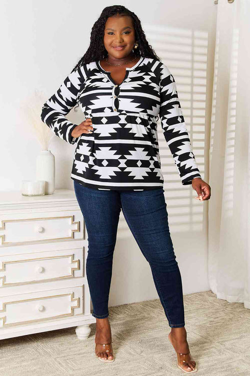 Heimish Geometric Notched Neck Long Sleeve Top - LISA MARIE BOUTIQUE