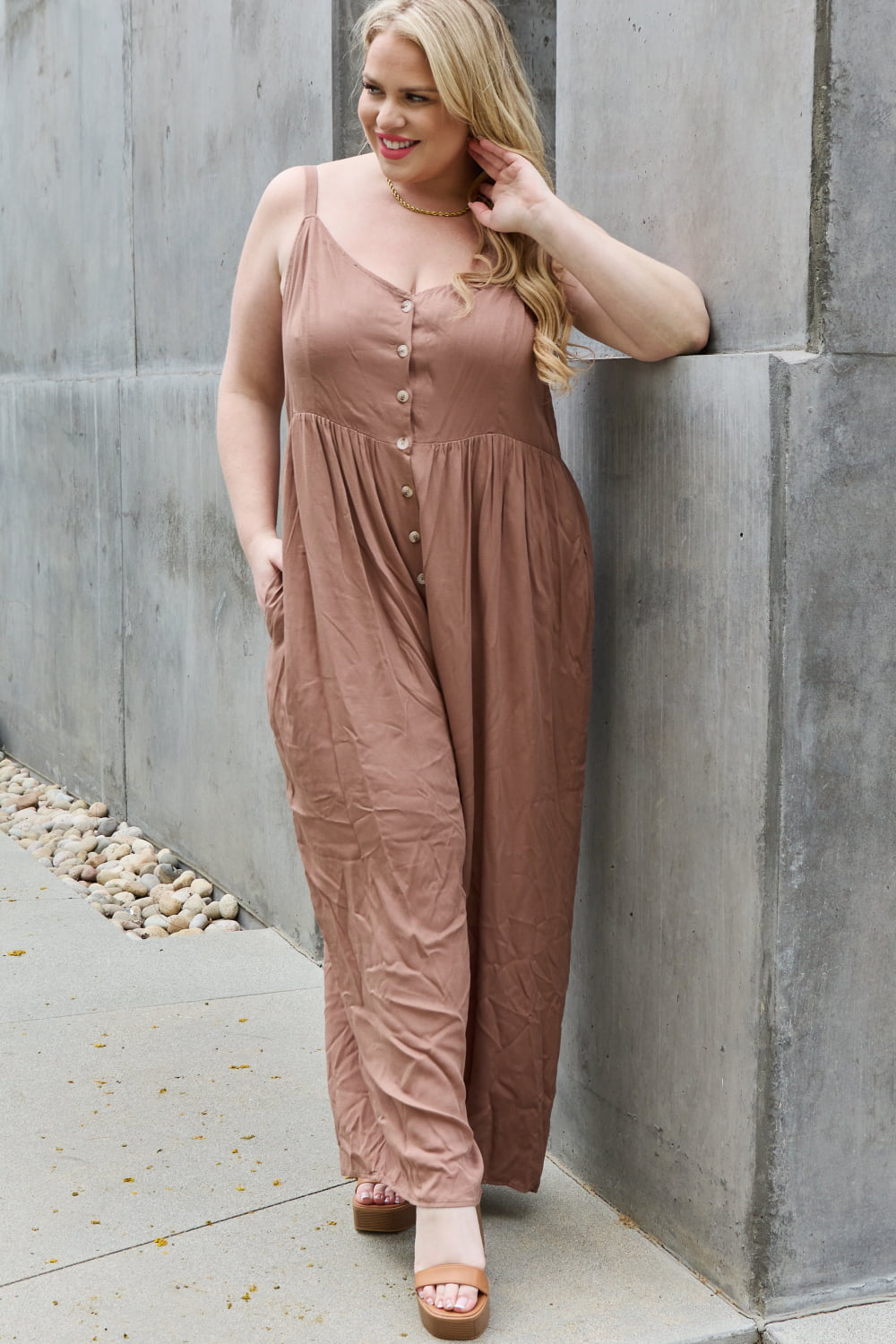 All Day Wide Leg Button Down Jumpsuit in Mocha